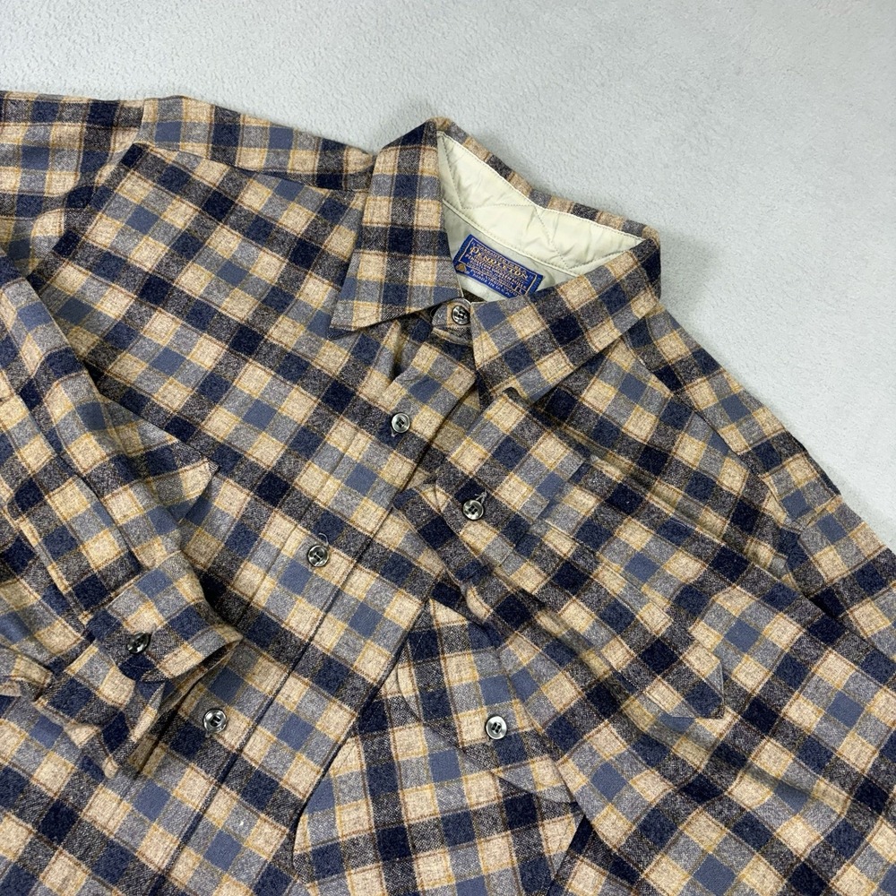 Vintage Pendleton Wool Shirt Mens L USA Plaid Gray Tan 100% Virgin Wool